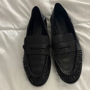 Steve Madden Black Leather Penny Loafers with Ruched Trim